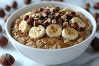 Creamy oatmeal bowl topped with sliced bananas, chopped hazelnuts and chocolate pieces, served in white ceramic bowl on light background. Healthy breakfast.