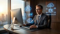 Professional businessman working on cloud computing technology in modern office with digital interface overlays and city skyline view at sunset.