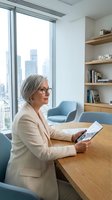 Mature woman with gray hair and glasses wearing beige blazer reviewing documents at wooden desk in modern high-rise office with city skyline view, wooden shelving, and contemporary furniture.