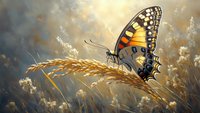 Monarch butterfly perched on golden wheat stalk against moody sky background, with soft bokeh effect and delicate morning dew drops creating dreamy nature scene.