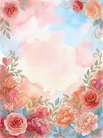 Watercolor floral frame with roses, peonies, and hearts on soft pastel background. Isolated design element ready for invitations, greeting cards, and wedding stationery projects.