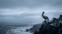 Pelican perched on rocky coastal cliff overlooking stormy ocean waves under dramatic cloudy sky. Moody seascape with wild bird in natural habitat.
