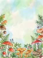 Watercolor forest floor with red and orange mushrooms, ferns, berries, and foliage arranged on sides with soft pastel background, ideal for woodland designs and nature projects.