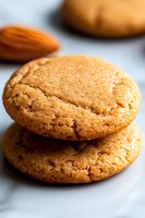 Fresh baked almond cookies stacked on white surface with soft natural lighting and shallow depth of field, macro food photography for bakery marketing.