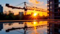Construction crane silhouette against dramatic orange sunset sky with sun rays, reflected in water surface creating mirror effect. Urban development scene.