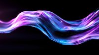 Vibrant neon blue and purple light waves flow smoothly across dark background creating dynamic motion effect with glowing energy streams and particle trails.