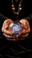 Fortune teller hands holding glowing crystal ball with cosmic galaxy spiral inside for mystical divination and spiritual guidance sessions.