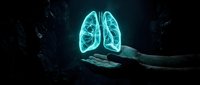 Glowing cyan lungs floating above open palm in dark environment for medical healthcare respiratory system anatomy education and pulmonology concepts.