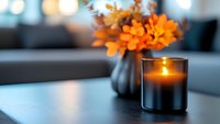 Glowing candle in black glass holder next to small vase with orange flowers on dark surface, creating cozy atmospheric mood with soft bokeh lights background.