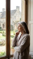 Mature woman with long gray hair and fair complexion gazing thoughtfully out large window at countryside estate, wearing beige cardigan, contemplative mood, natural daylight, interior setting.