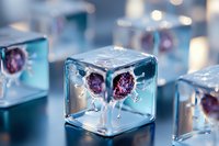 Frozen virus particles encased in transparent ice cubes with blue tint, macro photography showing detailed molecular structure in scientific setting.