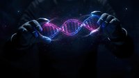 Futuristic DNA double helix with glowing neon effects floating between robotic hands against starry space background for science and technology concepts.