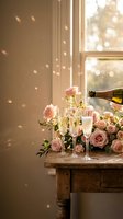 Champagne being poured into crystal flutes with pink roses on rustic wooden table by sunny window with floating dust particles creating romantic atmosphere.