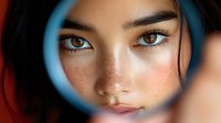 Close up portrait of young Asian woman with freckles and natural makeup looking through blue round frame, dramatic lighting creates mysterious mood.