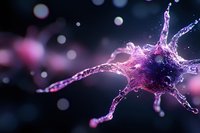 Purple neuron with dendrites and axons glowing against dark background, water splash effect creating dynamic cellular structure with bokeh lights.