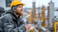 Construction worker in yellow hard hat writing on clipboard at industrial site with blurred machinery background for safety documentation and project management.