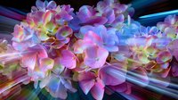 Vibrant hydrangea flowers in pink and blue hues with glowing neon light effects and motion blur streaks creating a dreamy, surreal botanical composition.
