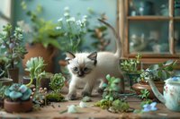 Curious Ragdoll kitten exploring among potted succulents and flowering plants on wooden windowsill, soft natural lighting creates cozy home atmosphere.