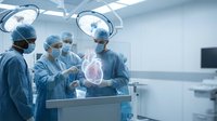 Surgical team of three medical professionals in sterile blue scrubs and masks performing operation in modern hospital operating room with overhead lights and digital holographic organ display.