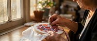 Woman embroidering festive holiday pattern by window with Christmas tree in background, traditional needlework craft during winter season.