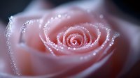 Delicate pink rose with morning dew drops in macro photography. Soft petals covered in water droplets create dreamy romantic atmosphere for wedding and love themes.