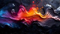 Abstract fluid art with vibrant waves of blue, purple, red, orange and white paint creating dynamic motion effect against dark background, modern flowing design.