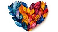 Colorful heart shape made of vibrant autumn and winter leaves in paper art style on white background, suitable for greeting cards and seasonal designs.