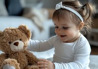 Smiling toddler girl in white dress and headband playing with brown teddy bear toy on bed, showing childhood joy and tenderness in soft natural lighting.