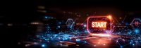 Futuristic digital start button glowing in neon red light surrounded by hexagonal network connections and data streams on dark technological background.