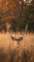 Majestic whitetail deer buck with large antlers standing in golden autumn grassland during warm evening light with colorful fall foliage background.