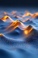 Abstract digital landscape with glowing orange dots forming wave-like mountains against deep blue background, creating futuristic terrain visualization.
