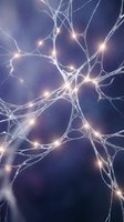 Neural network connections with glowing synapses and electrical impulses in purple blue gradient background for medical education and neuroscience research.