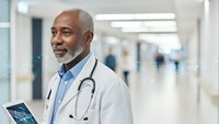 African American male doctor with gray beard holding tablet in modern hospital corridor wearing white coat and stethoscope for healthcare technology.