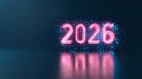 Glowing neon pink numbers 2026 with reflection on dark background and sparkles, futuristic celebration concept for New Year or future planning designs.