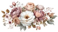 Elegant floral arrangement with white peony, dusty pink roses, and delicate berries surrounded by soft green foliage for wedding invitations or home decor.