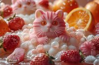Pink cat-shaped dessert surrounded by fresh strawberries, orange slices and meringue cookies in pastel colors creating whimsical food composition.
