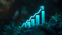 Glowing blue bar graph with upward arrow trend emerging from dark forest floor, symbolizing sustainable growth and natural business progress in low light setting.