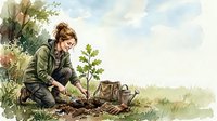 Young woman in military uniform planting tree sapling in natural outdoor setting, environmental conservation and reforestation concept for Earth Day campaigns.