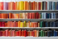Colorful collection of vintage books arranged by color spectrum on white wooden shelves, creating rainbow pattern display in library or bookstore setting.