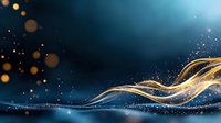 Glowing golden waves with sparkling particles flow across dark blue background, creating magical light trails and bokeh effect for luxury designs.