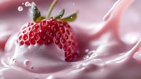 Fresh ripe strawberry splashing into creamy yogurt or milk creating smooth waves and droplets, macro food photography with soft pink tones.