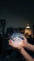 Hands holding glowing digital holographic sphere with network connections in modern interior space for technology and innovation concepts.