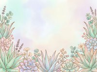 Watercolor succulent border frame with pastel green, pink and purple tones, featuring aloe, echeveria and lavender on soft gradient background.