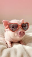 Adorable pink piglet wearing heart-shaped sunglasses lying on soft white blanket against pastel background for cute animal content.