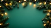 Festive frame made of pine branches and glowing Christmas lights on dark green background with copy space for seasonal holiday greeting.