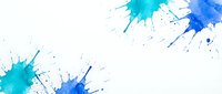 Blue and turquoise paint splashes with droplets on white background. Abstract watercolor splatters for creative design projects and artistic compositions.