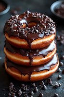 Stack of glazed donuts topped with dark chocolate ganache and chocolate chips dripping down sides on dark background, macro food photography.