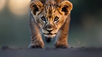 Young lion cub with bright eyes and curious expression walking forward in dramatic lighting, close-up portrait against blurred natural background.