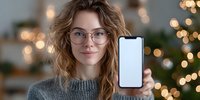 Young woman with glasses showing blank smartphone screen against festive bokeh lights background, perfect for technology or holiday marketing.