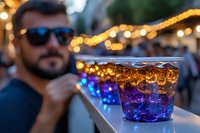 Bearded man wearing sunglasses holding colorful cocktail with ice at outdoor evening event with blurred festive lights in background.